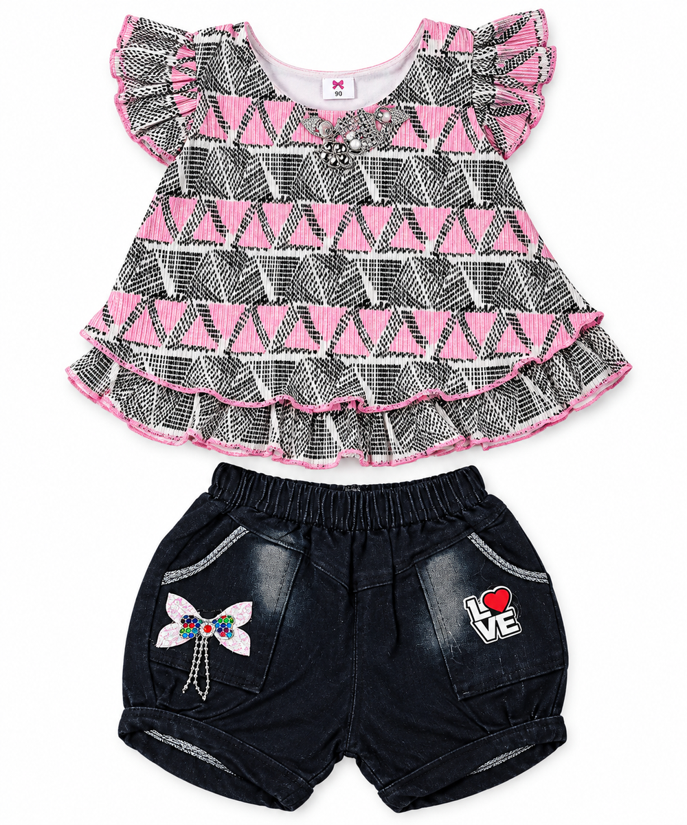 Girls Pink Geometric Ruffle Top and Denim Shorts Co-ord Set — lifestyle