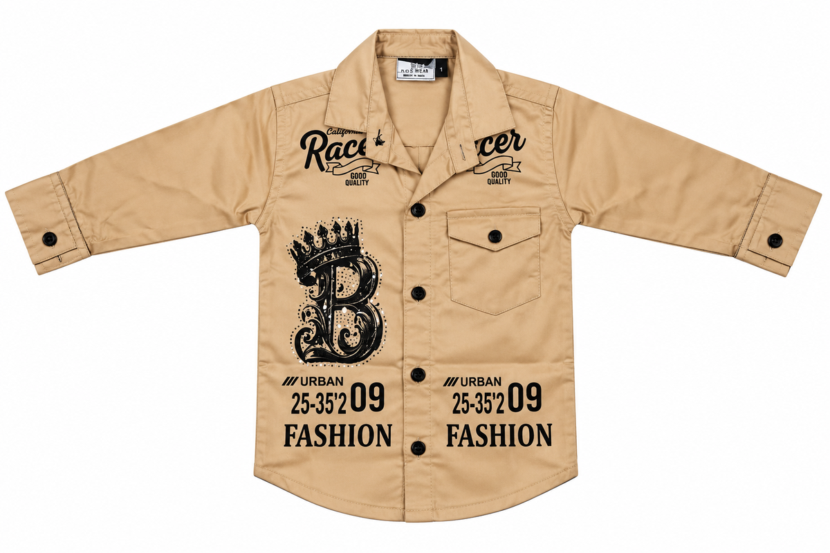 Boys Beige Printed Casual Shirt with Black Jeans — lifestyle