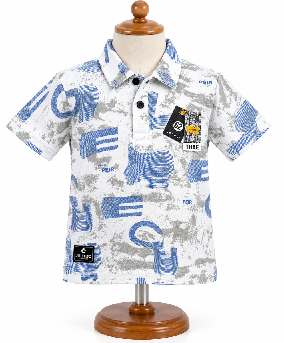 Boys Blue and White Abstract Print Polo T-Shirt