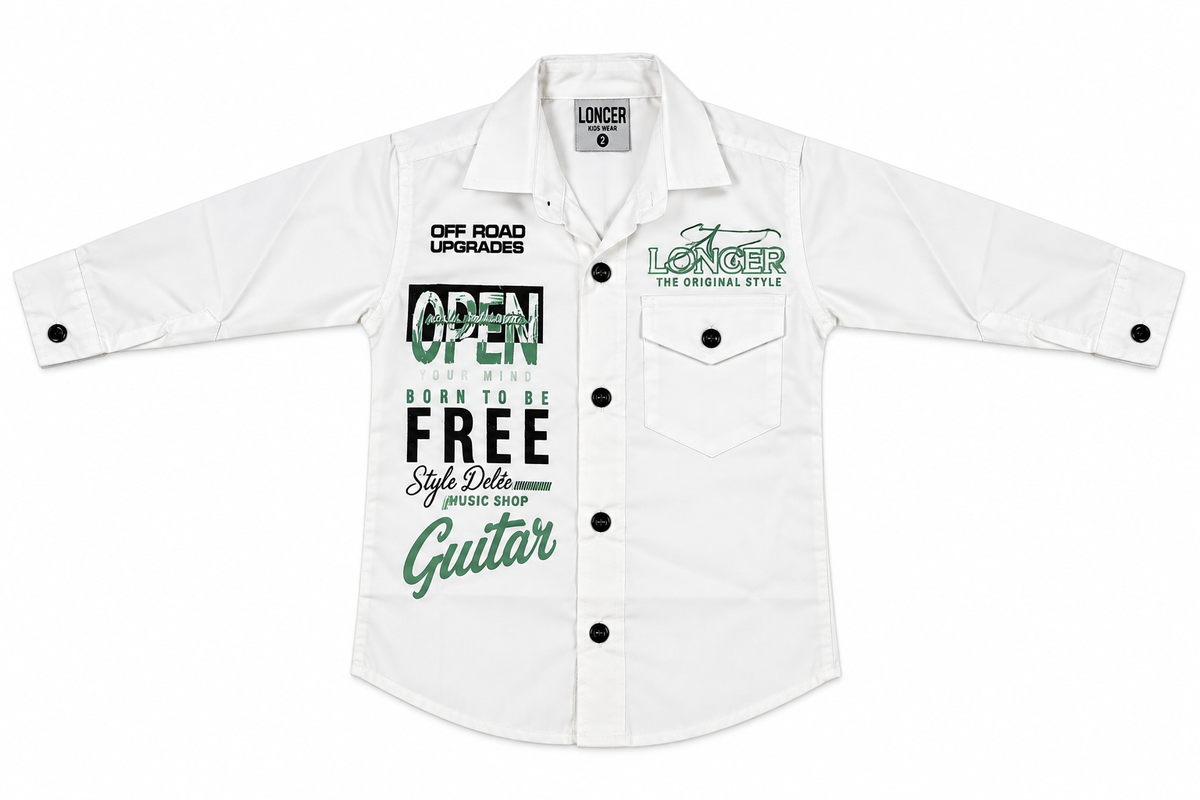 Boys White Printed Casual Shirt with Roll-Up Sleeves — lifestyle