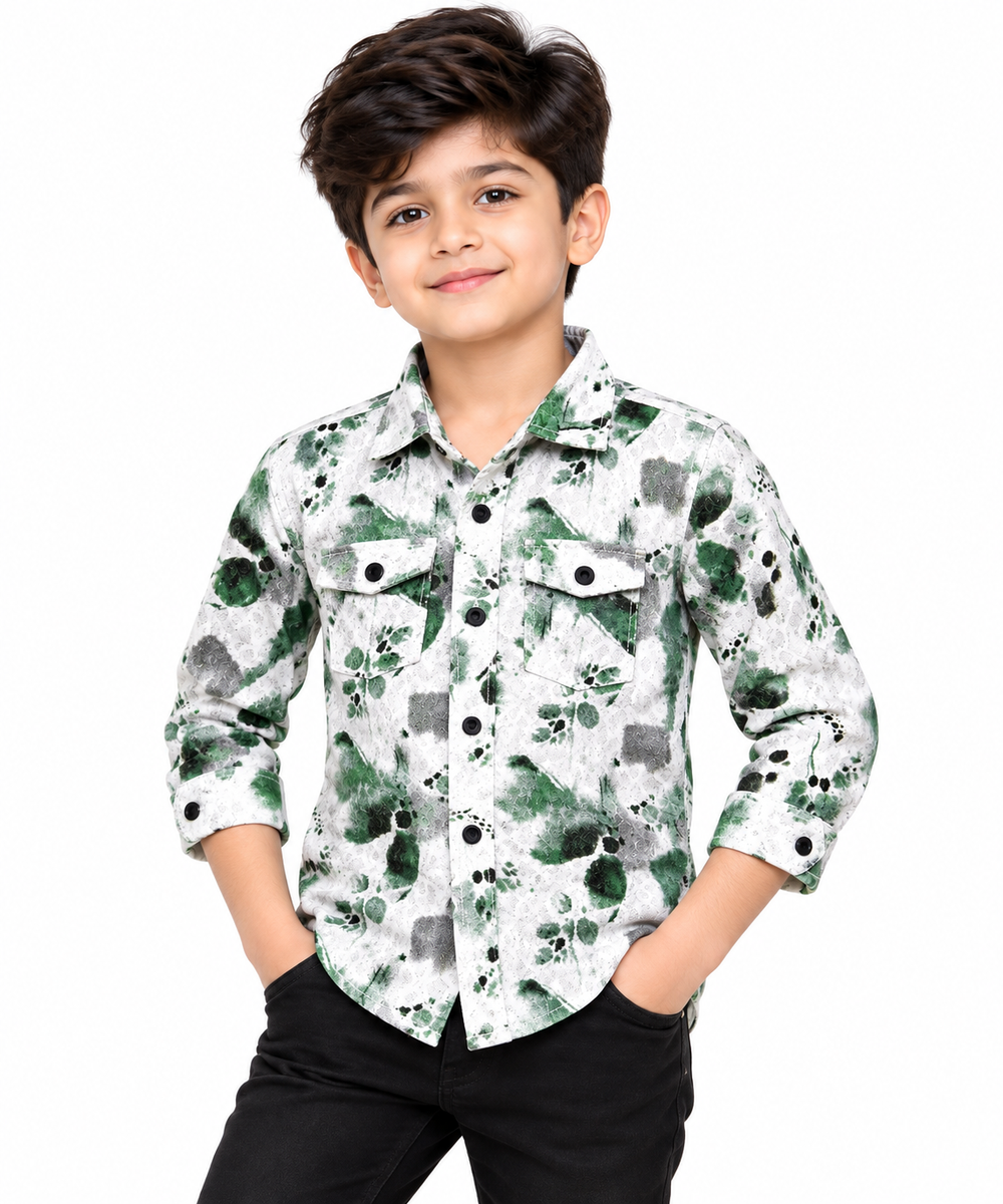 Boys Green and White Abstract Print Casual Shirt