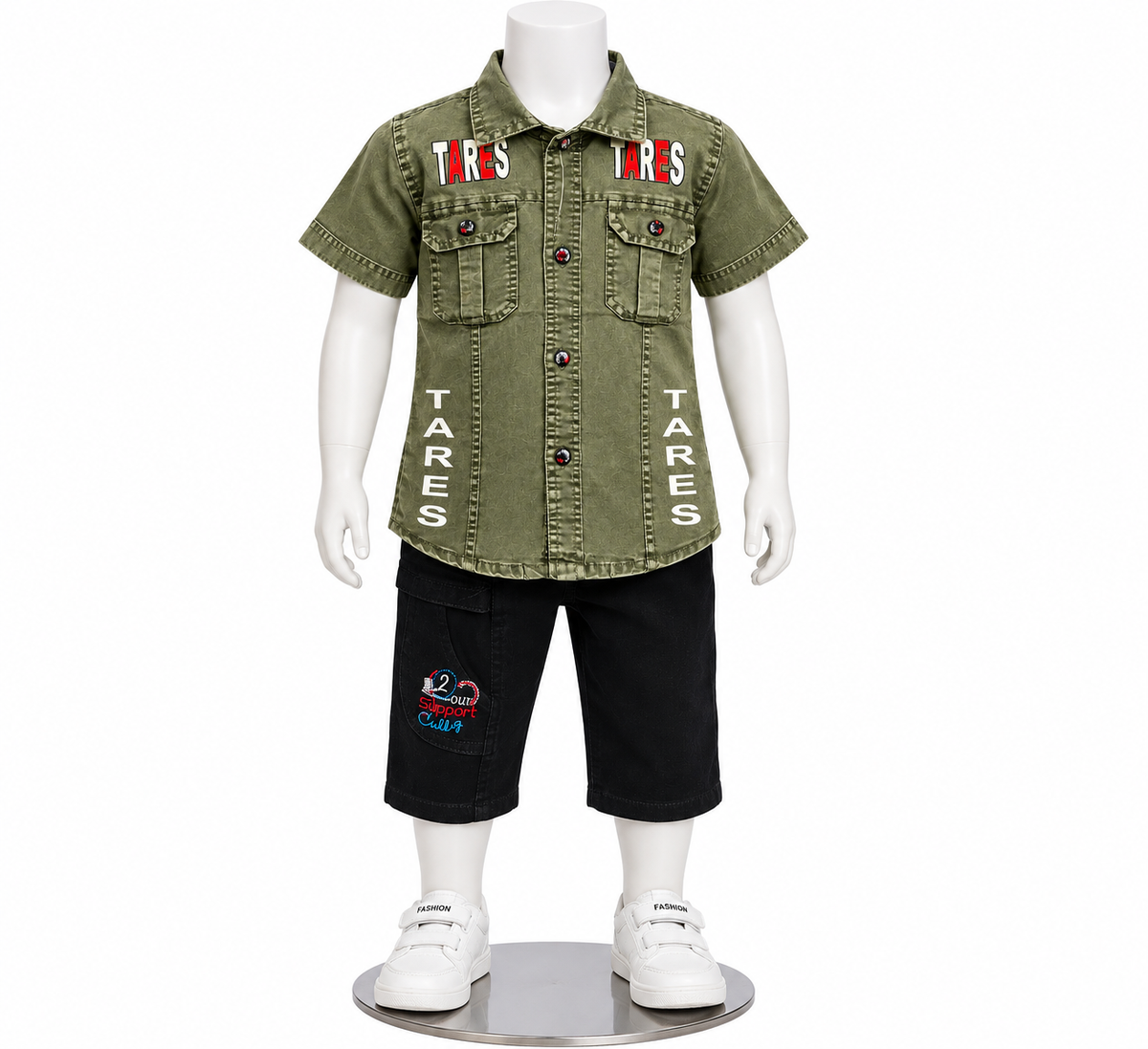 Boys Olive Green Printed Shirt and Black Shorts Set — lifestyle