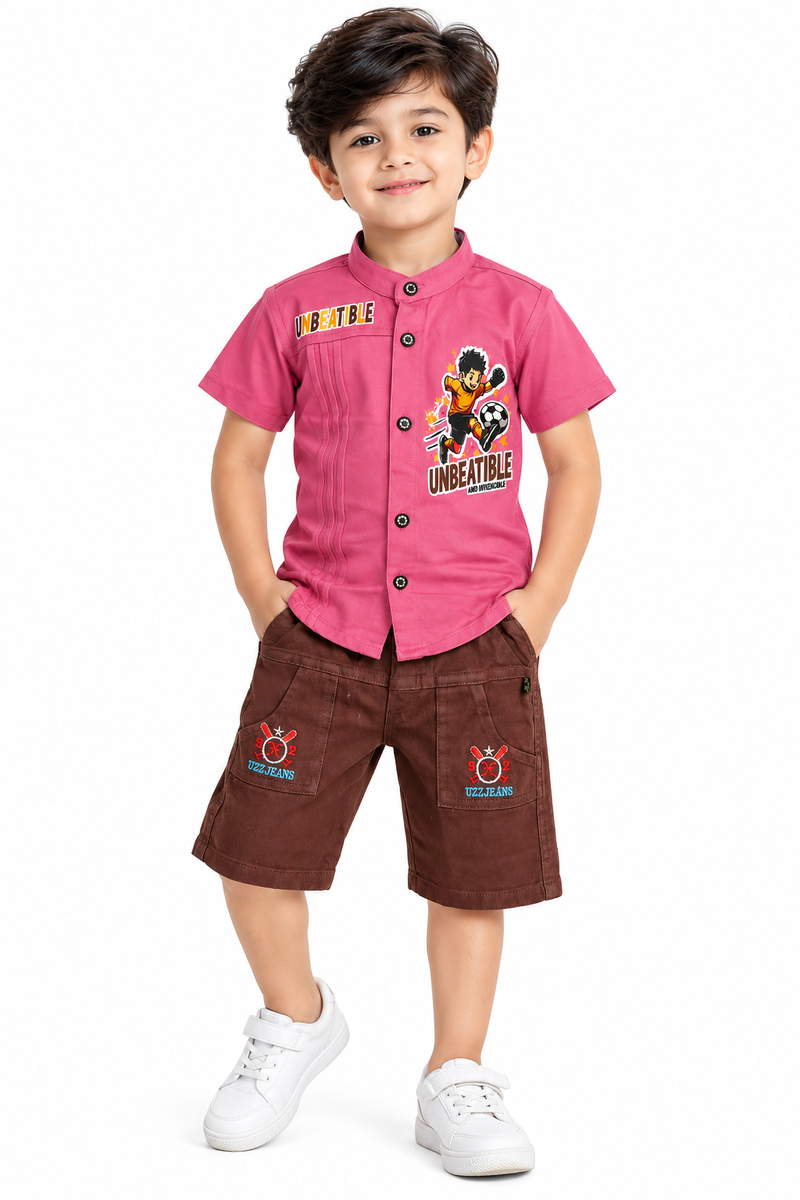 Boys Pink Shirt and Brown Shorts Co-ord Set