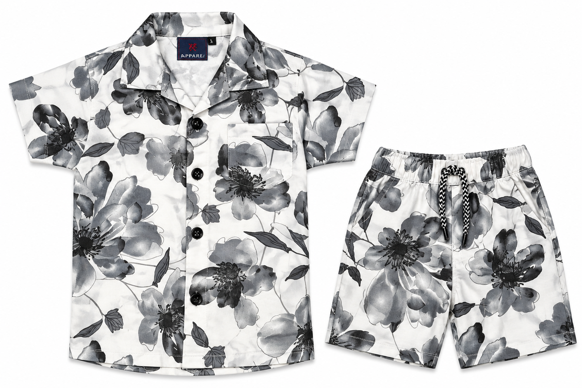 Boys White and Black Floral Print Shirt and Shorts Co-ord Set