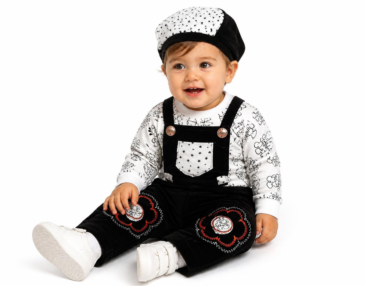 Infant Black Dungaree and T-Shirt Set with Matching Cap