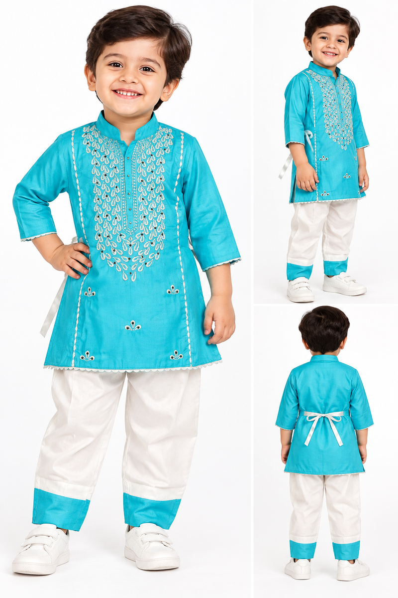 Boys Turquoise Blue Embroidered Kurta Pajama Set