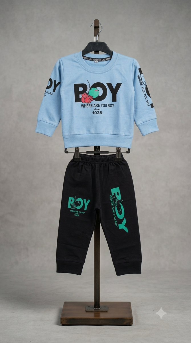 Boys Light Blue & Black Printed Sweatshirt and Jogger Set