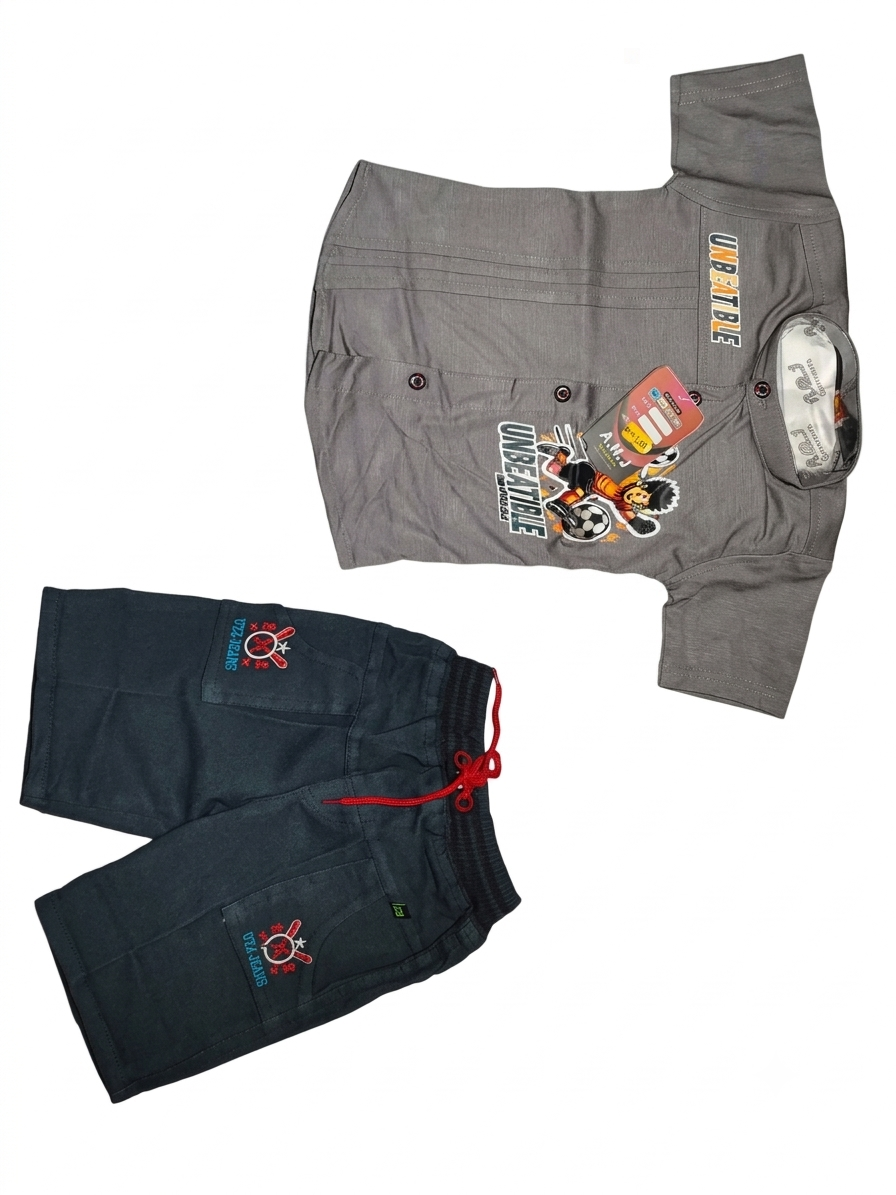 Grey Graphic Shirt and Dark Grey Shorts Set for Boys