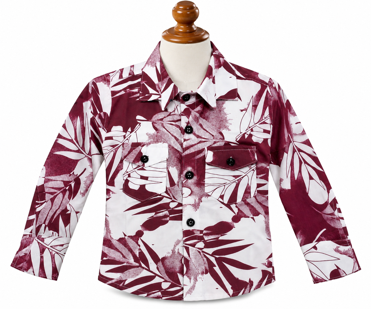 Maroon Tropical Leaf Printed Casual Shirt for Boys