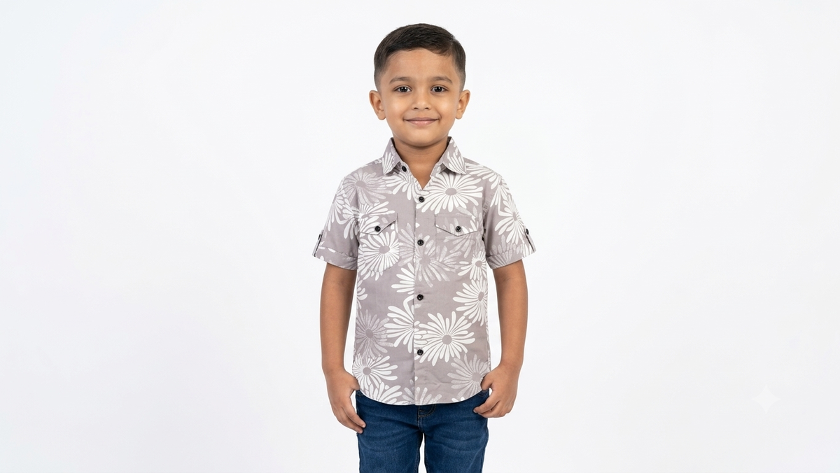 Grey Floral Printed Casual Shirt for Boys — lifestyle