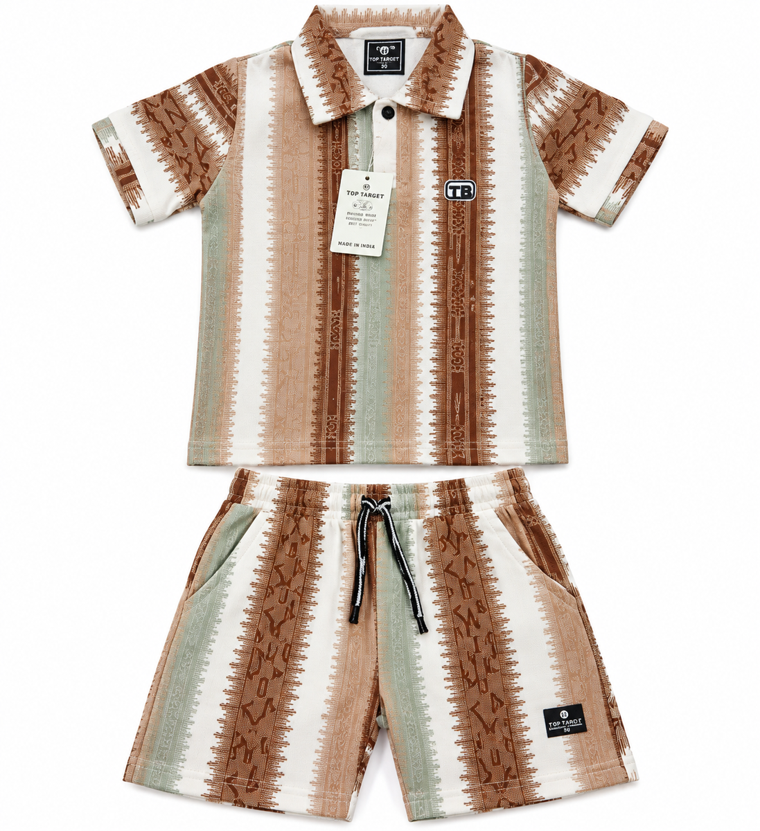 Boys Brown Geometric Print Polo T-Shirt and Shorts Co-ord Set