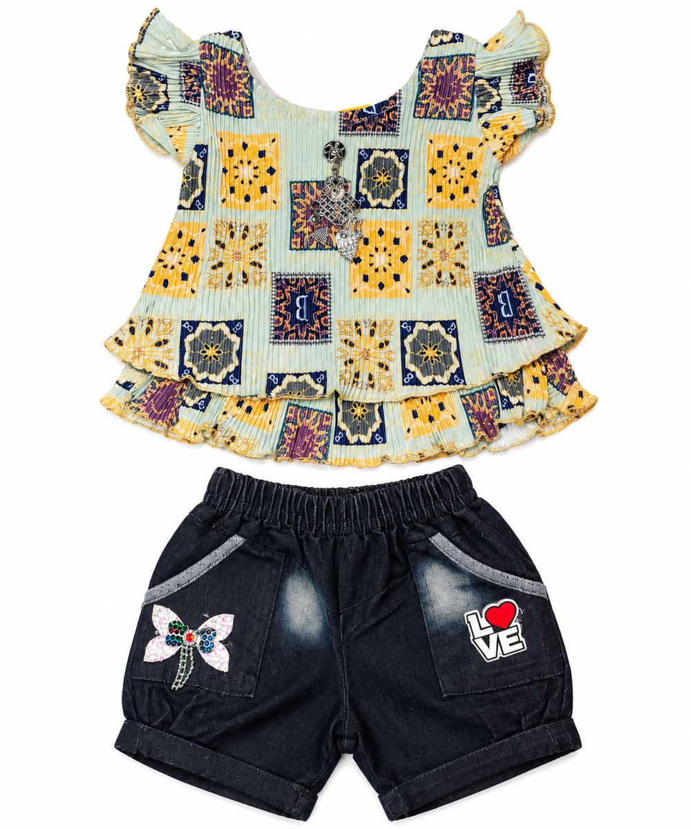 Girls Multi-Print Pleated Top with Denim Shorts Set — lifestyle