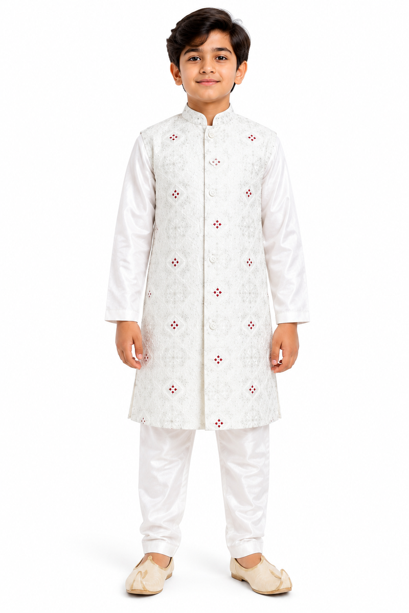 Boys White Sherwani & Indo-Western Set with Jacket