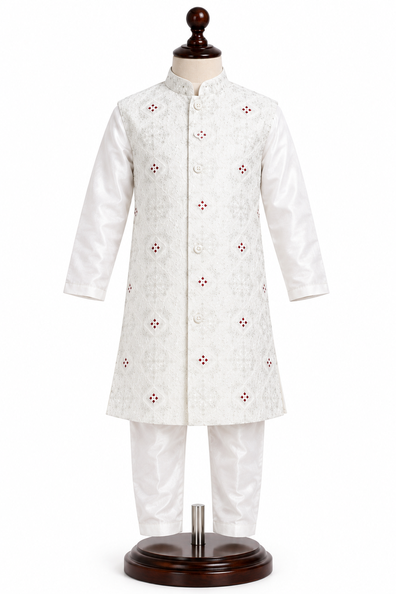Boys White Sherwani & Indo-Western Set with Jacket