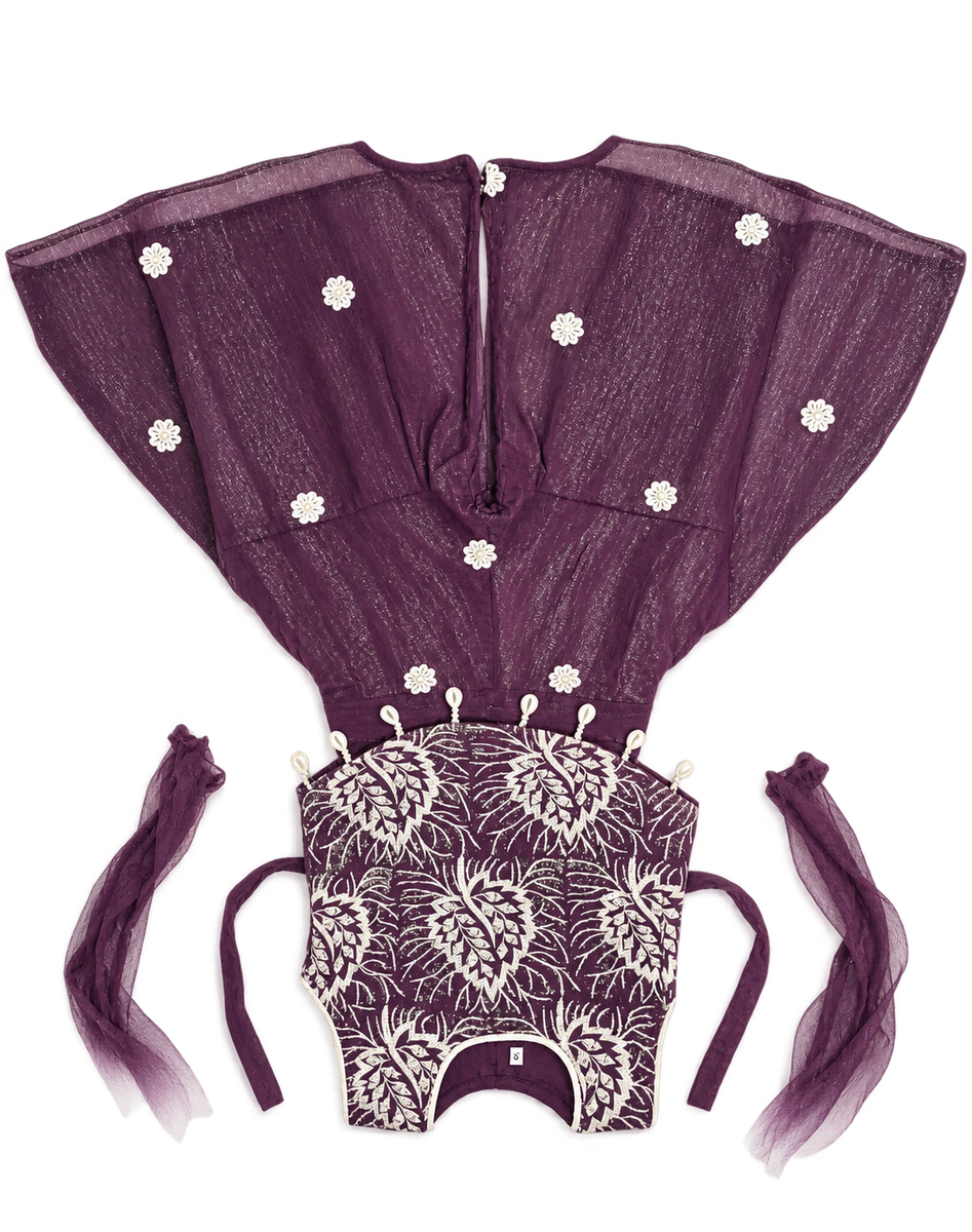 Purple Floral Embroidered Party Frock with Tie-Up Straps — lifestyle