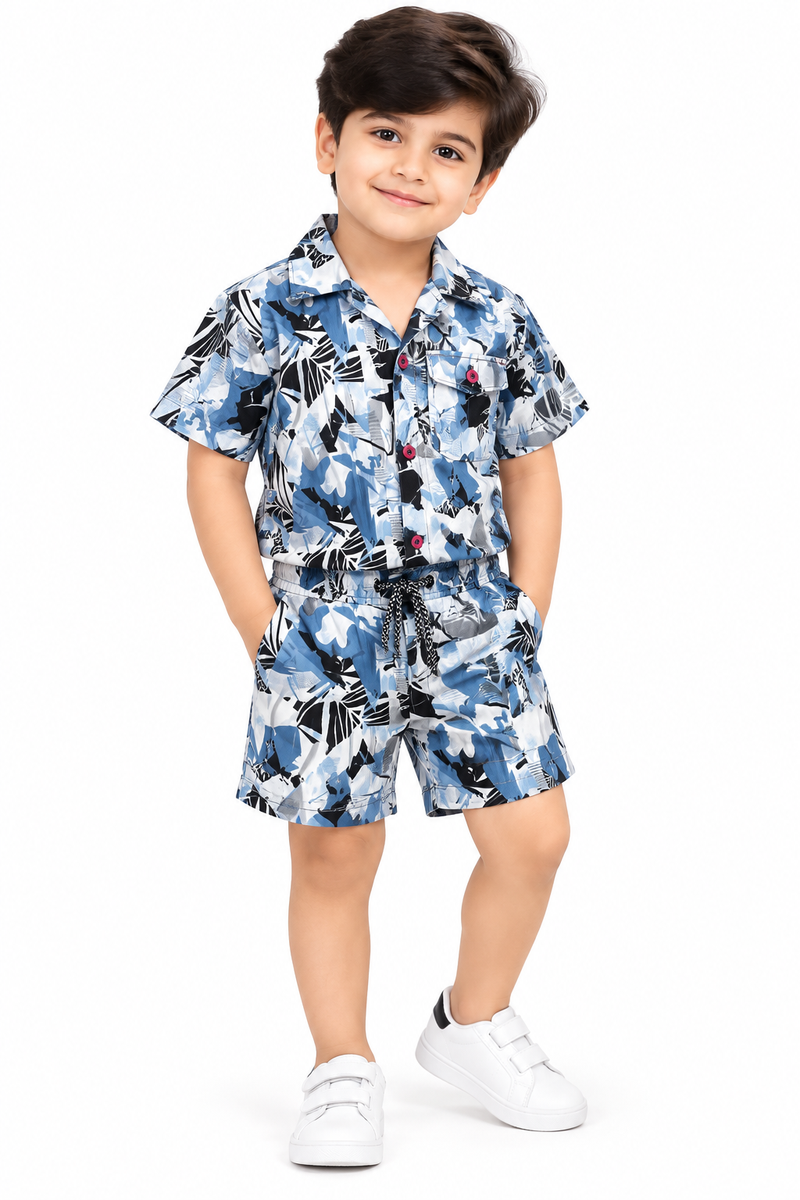 Boys Blue Printed Short Sleeve Shirt and Shorts Co-ord Set