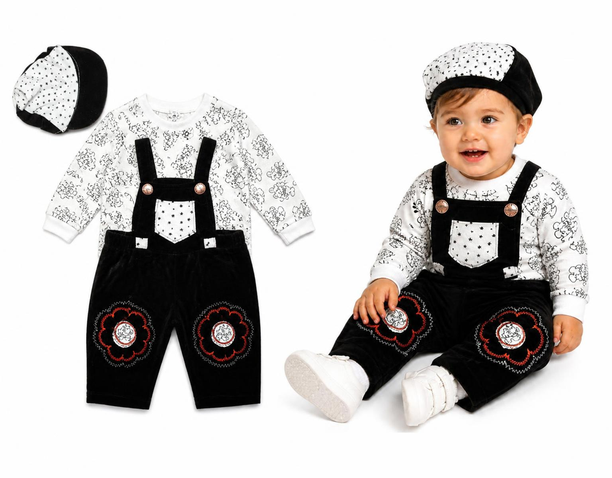 Infant Black Dungaree and T-Shirt Set with Matching Cap — lifestyle