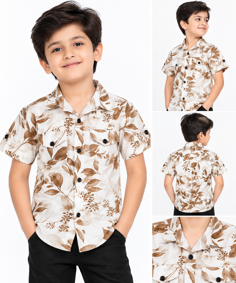 Boys Brown Leaf Print Casual Shirt