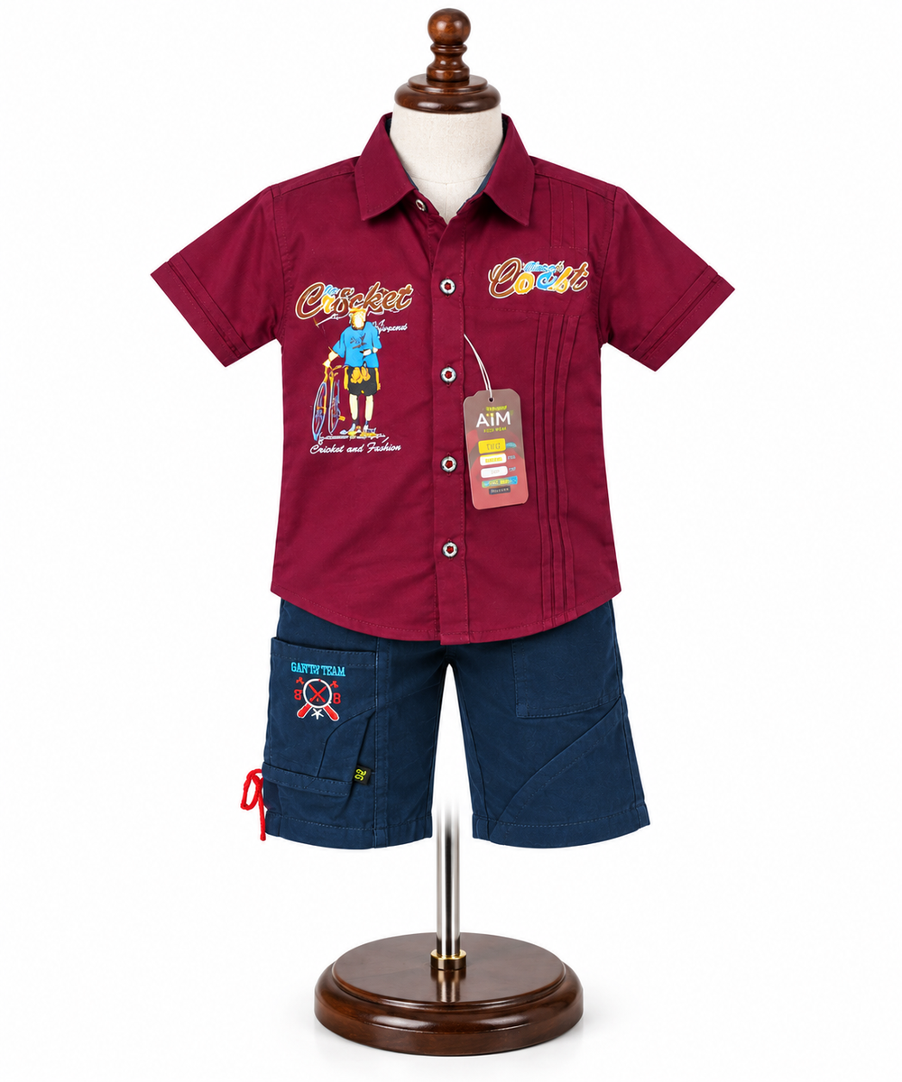 Maroon Printed Shirt with Blue Shorts Co-ord Set — lifestyle