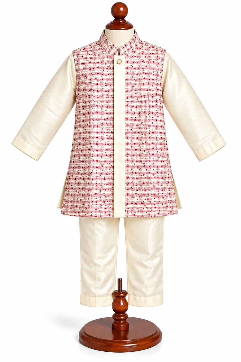 Boys Off-White and Pink Printed Kurta Pyjama with Jacket Set