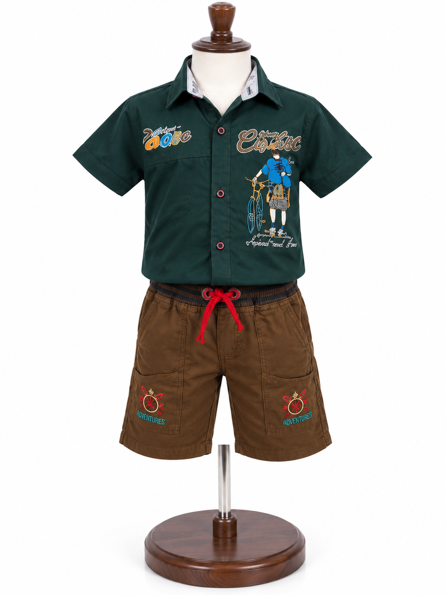 Boys Dark Green Shirt and Shorts Casual Set