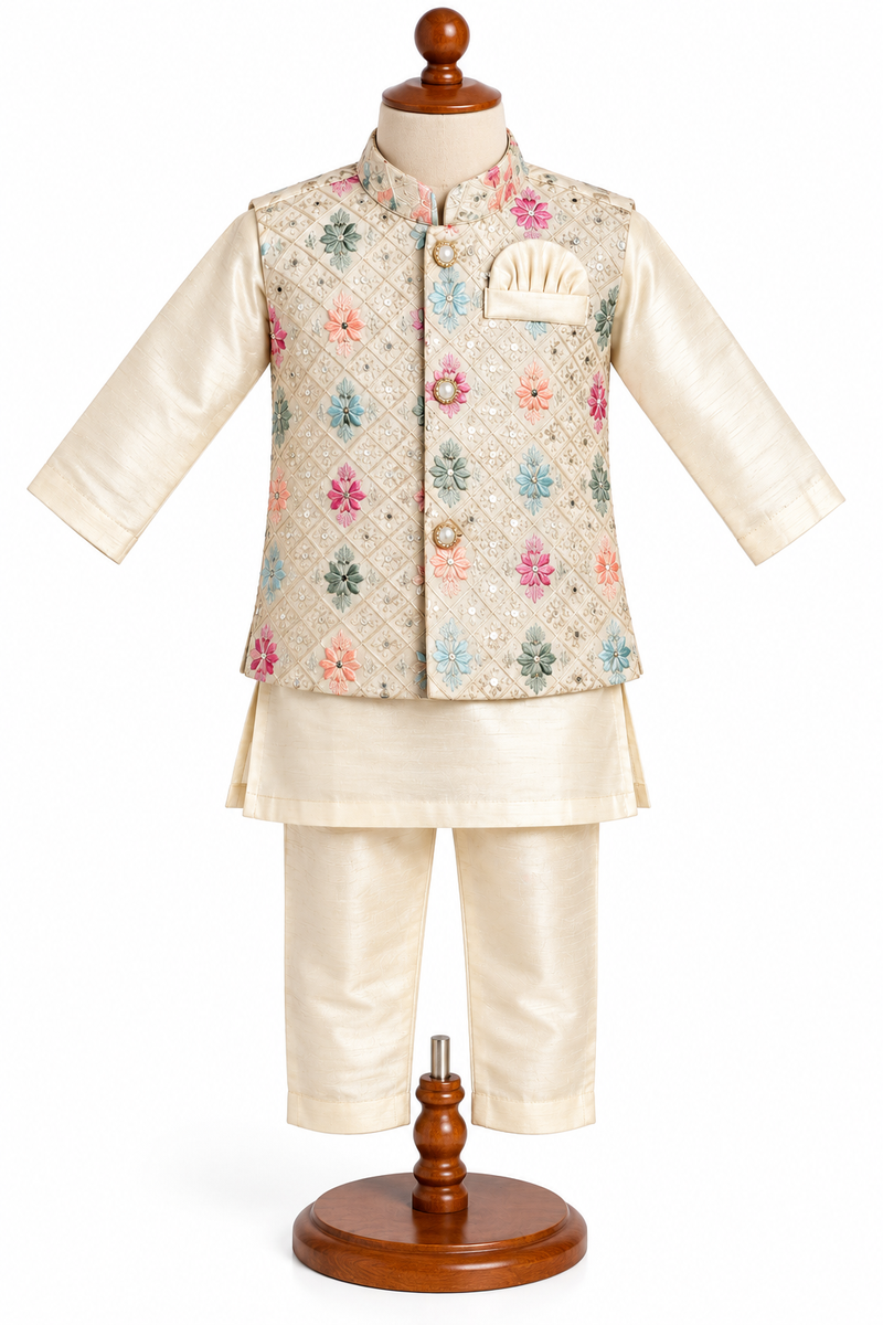 Boys Beige Silk Blend Kurta with Nehru Jacket Set