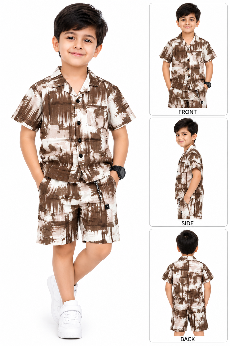 Boys Brown Abstract Printed Shirt and Shorts Co-ord Set — lifestyle