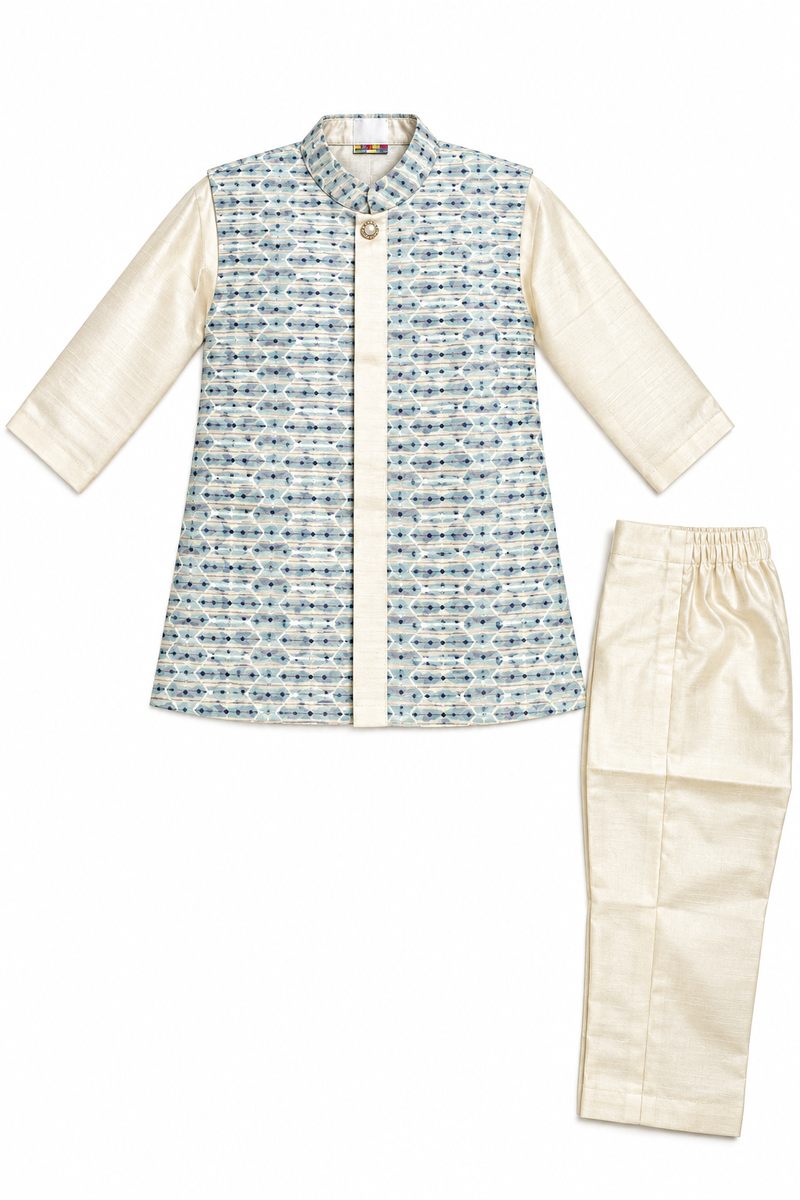 Boys Off-White Kurta with Printed Nehru Jacket Set