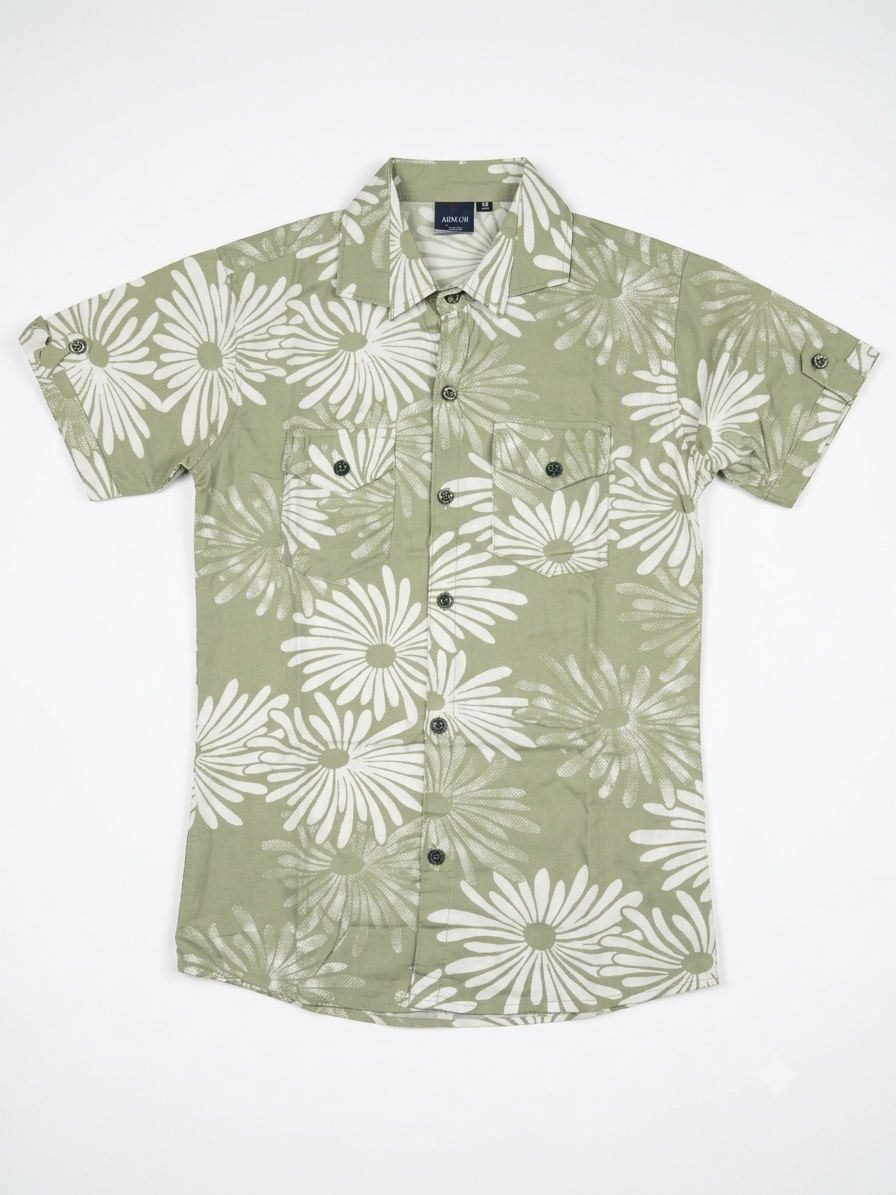Sage Green Floral Printed Casual Cotton Shirt for Boys