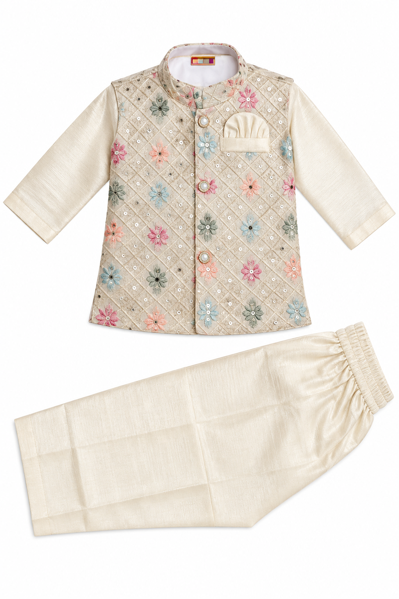 Boys Beige Silk Blend Kurta with Nehru Jacket Set