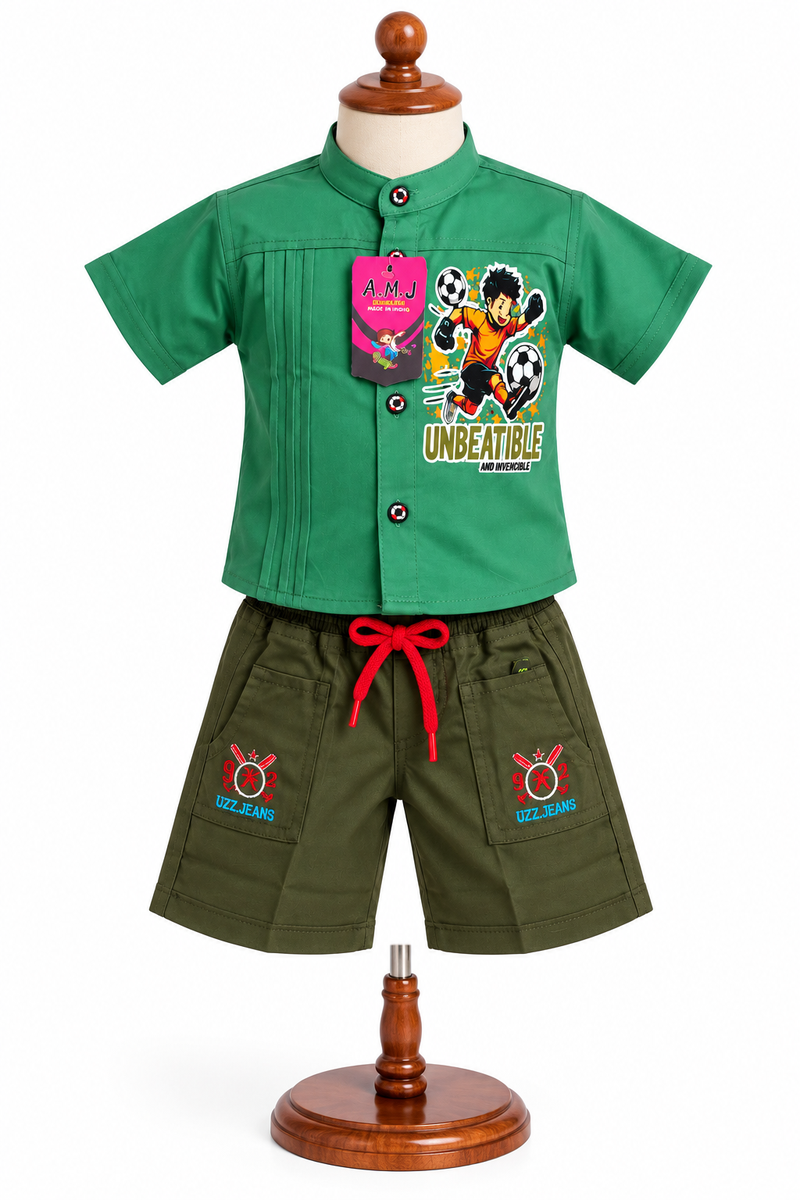 Green Mandarin Collar Shirt and Shorts Co-ord Set