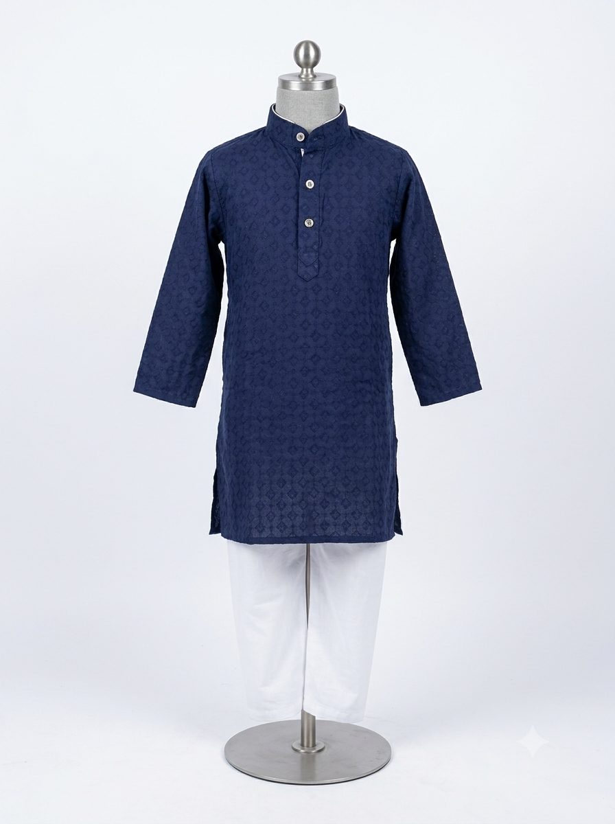 Boys Navy Blue Textured Kurta Pyjama Set