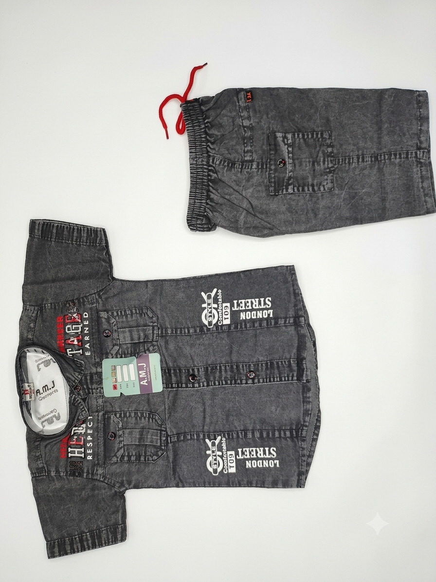 Boys Grey Acid Wash Denim Shirt and Shorts Set