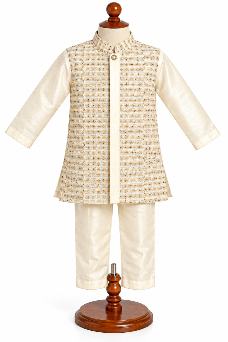 Boys Beige Kurta and Nehru Jacket Set