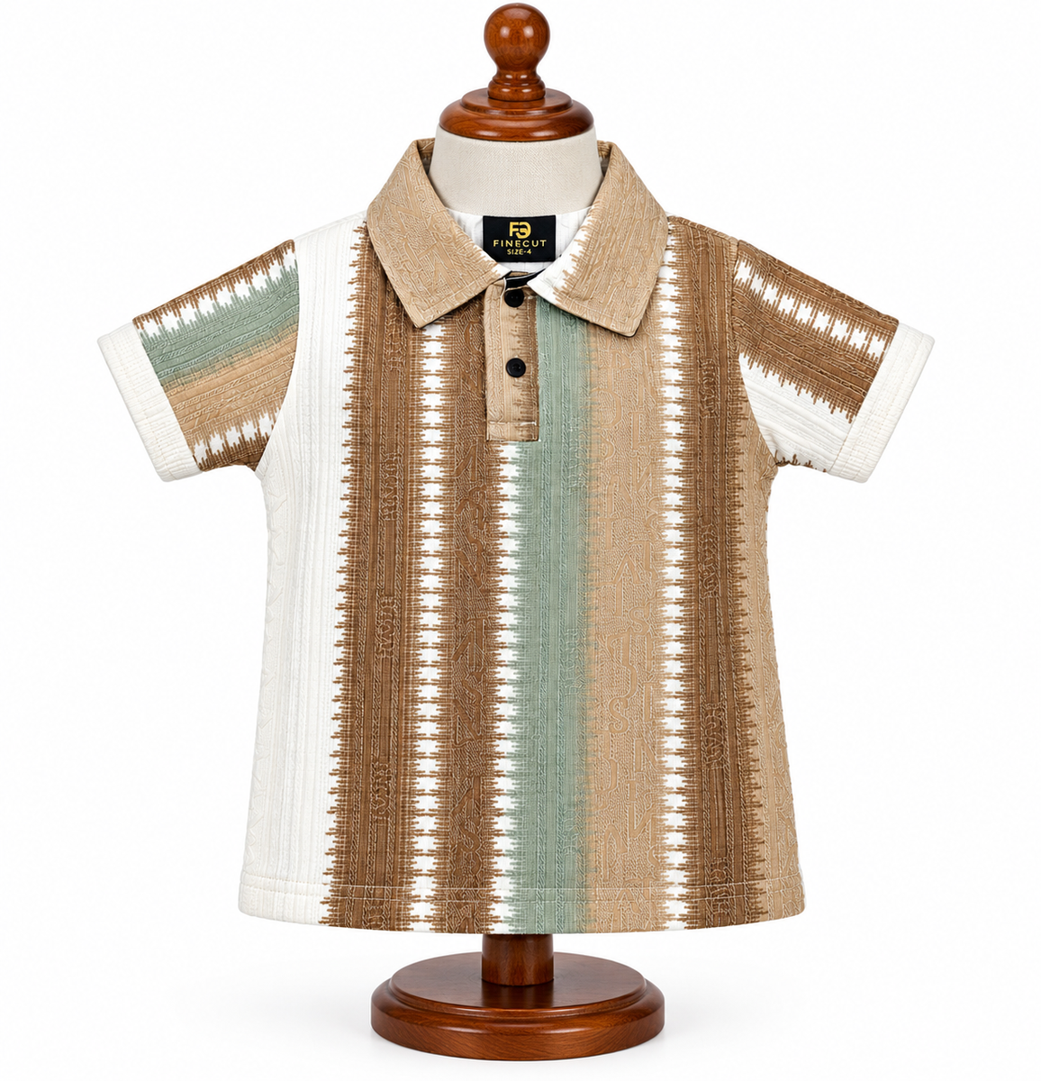 Boys Beige & Brown Textured Striped Polo T-Shirt