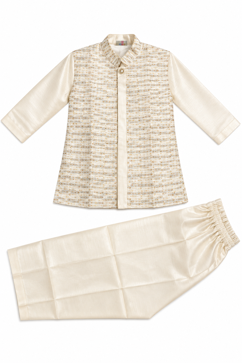 Boys Beige Silk Blend Kurta with Nehru Jacket Set