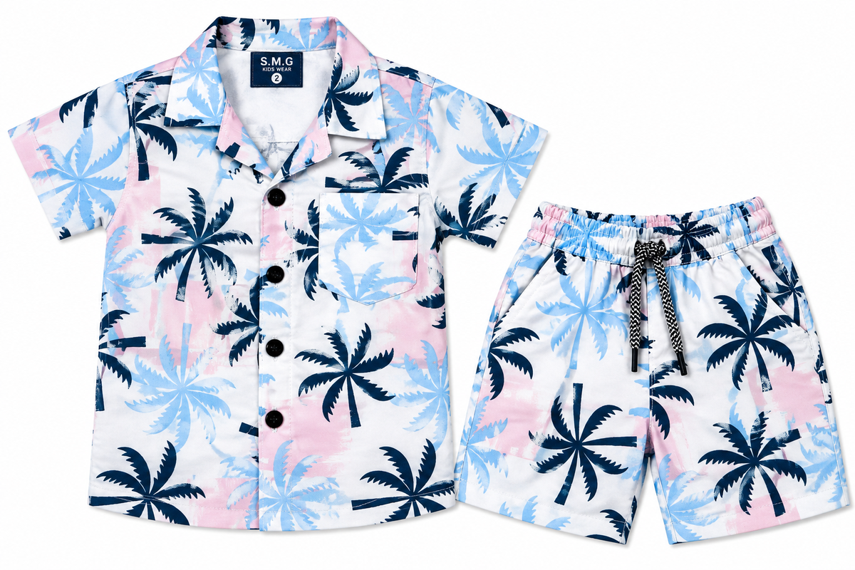 Boys Tropical Palm Print Cuban Shirt and Shorts Co-ord Set - White — lifestyle