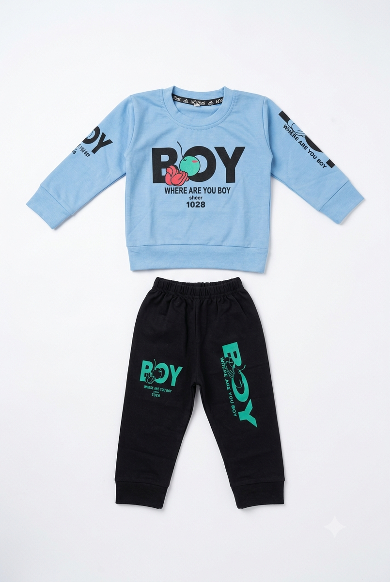 Boys Light Blue & Black Printed Sweatshirt and Jogger Set