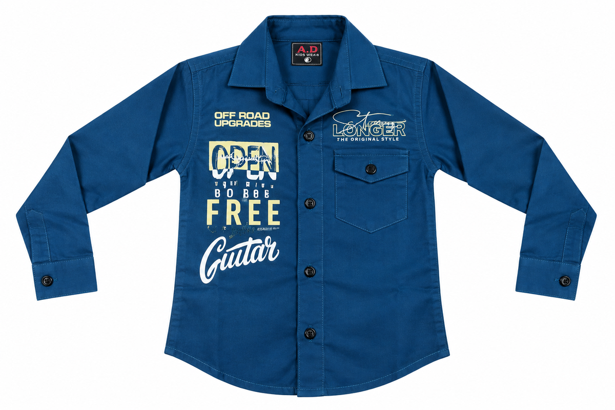 Boys Royal Blue Graphic Print Roll-Up Sleeve Casual Shirt — lifestyle