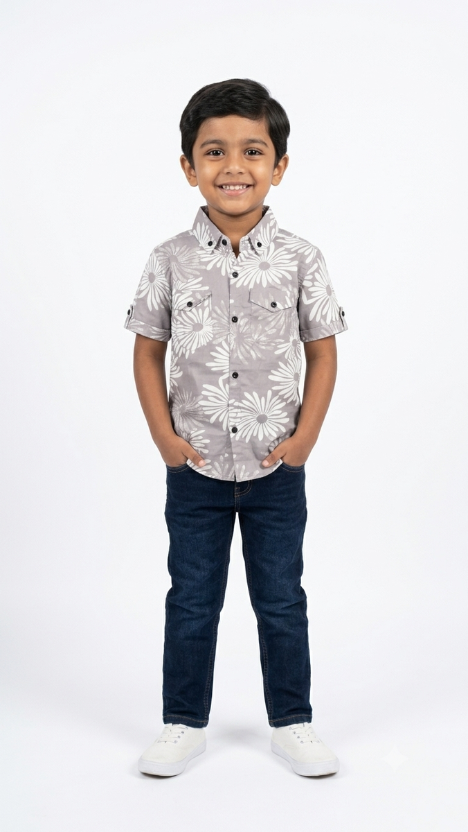 Boys Geometric Print Casual Shirt in Olive Green