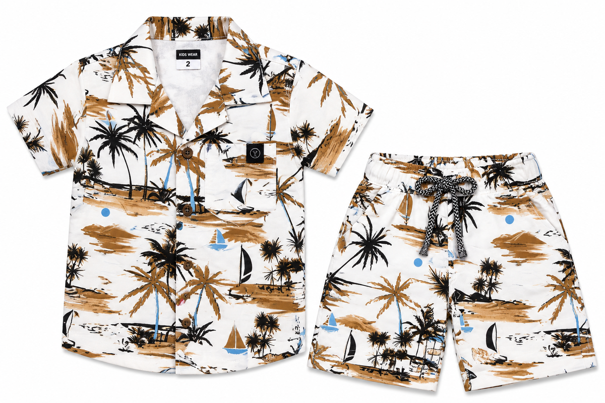 Boys Tropical Palm Print Casual Shirt and Shorts Co-ord Set