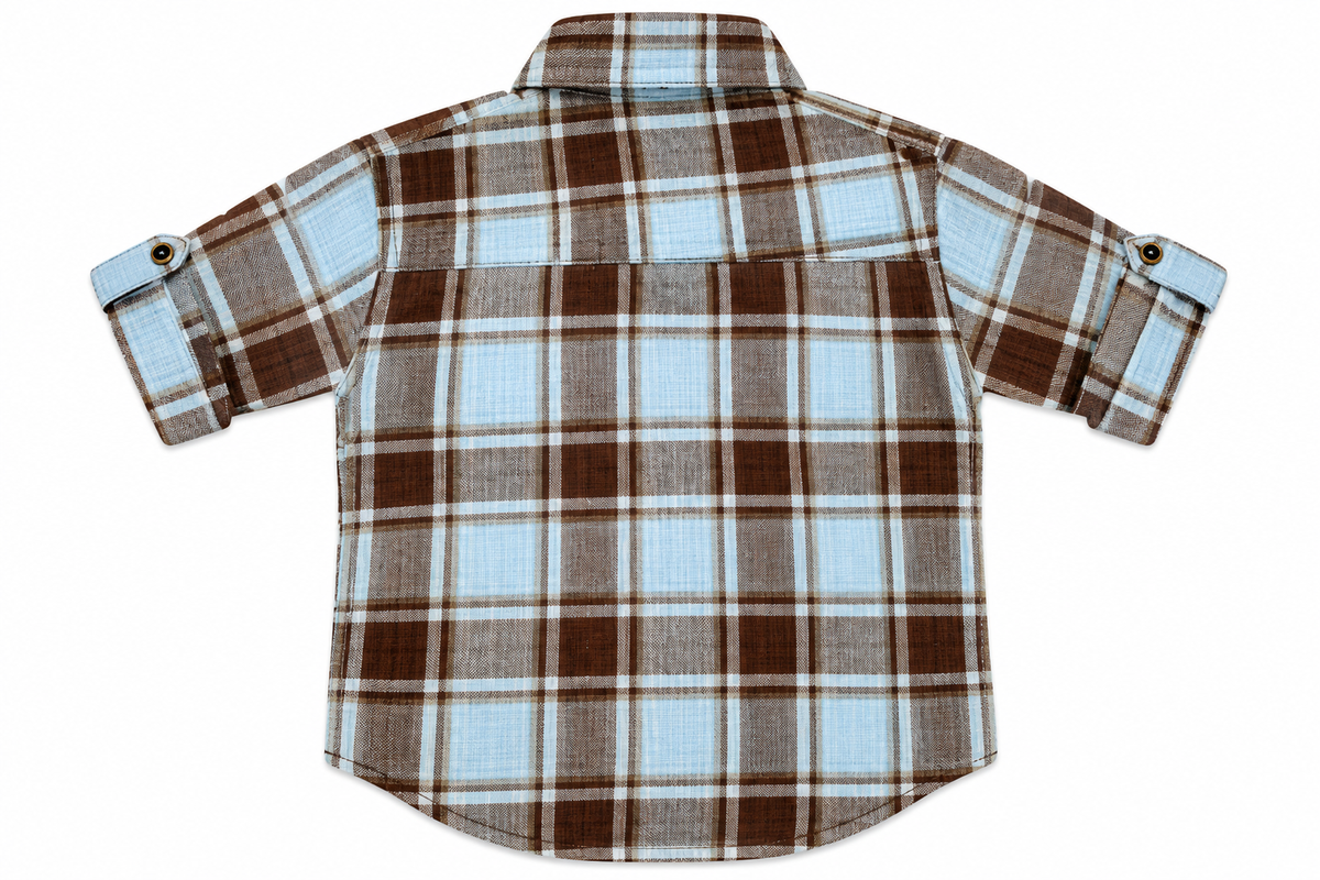 Boys Sky Blue & Brown Plaid Casual Short Sleeve Shirt