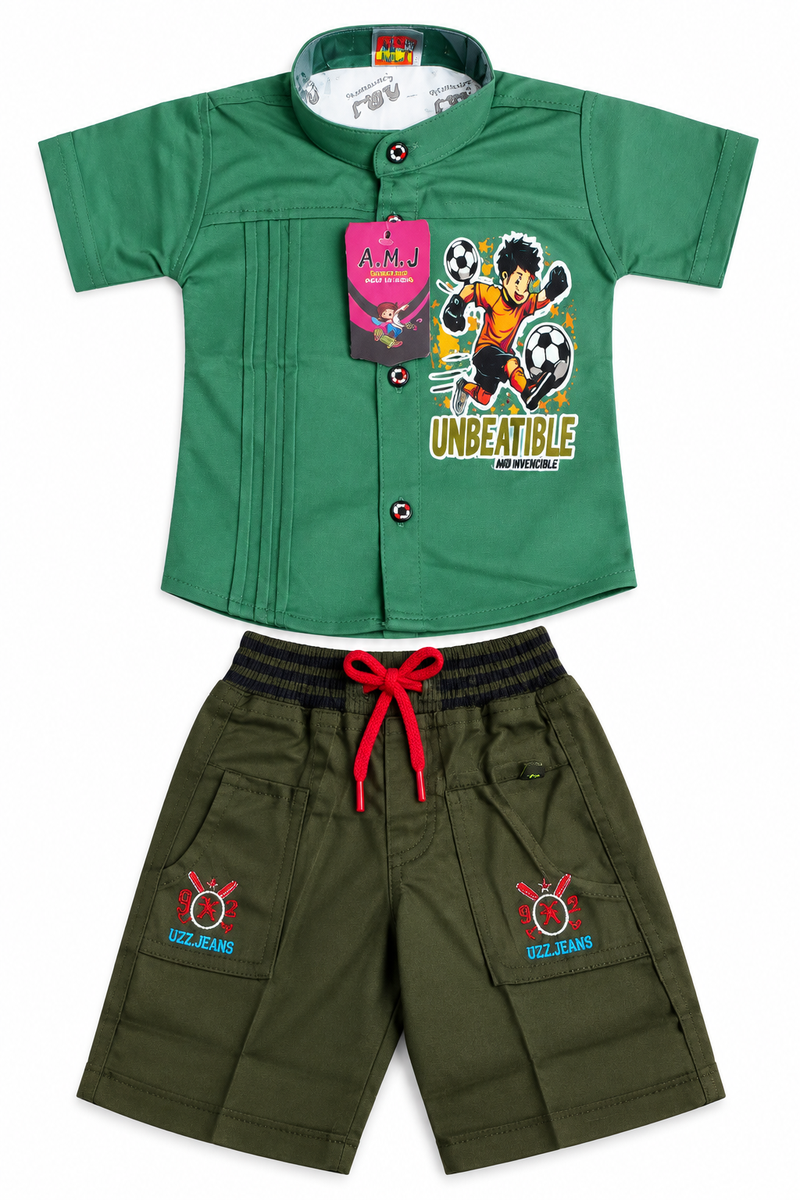 Green Mandarin Collar Shirt and Shorts Co-ord Set