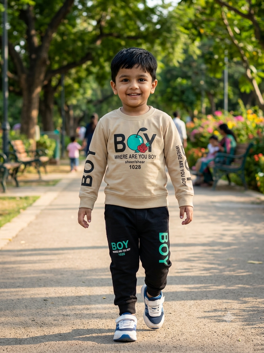 Boys Beige & Black Graphic Sweatshirt and Joggers Set