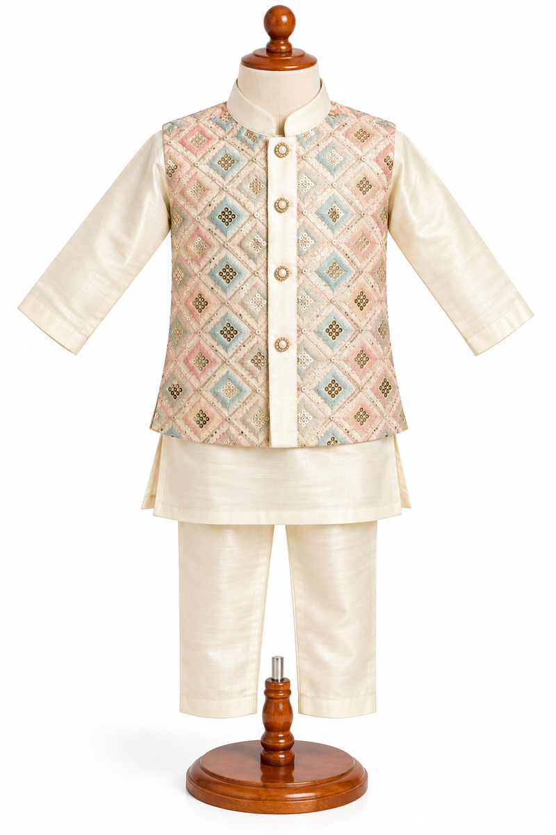 Boys Beige Silk Blend Kurta with Nehru Jacket Set