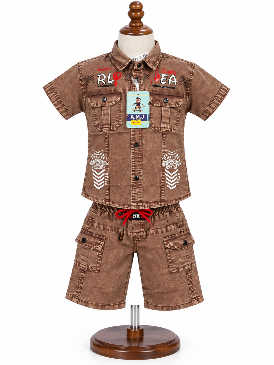 Boys Brown Washed Cargo Shirt and Shorts Set