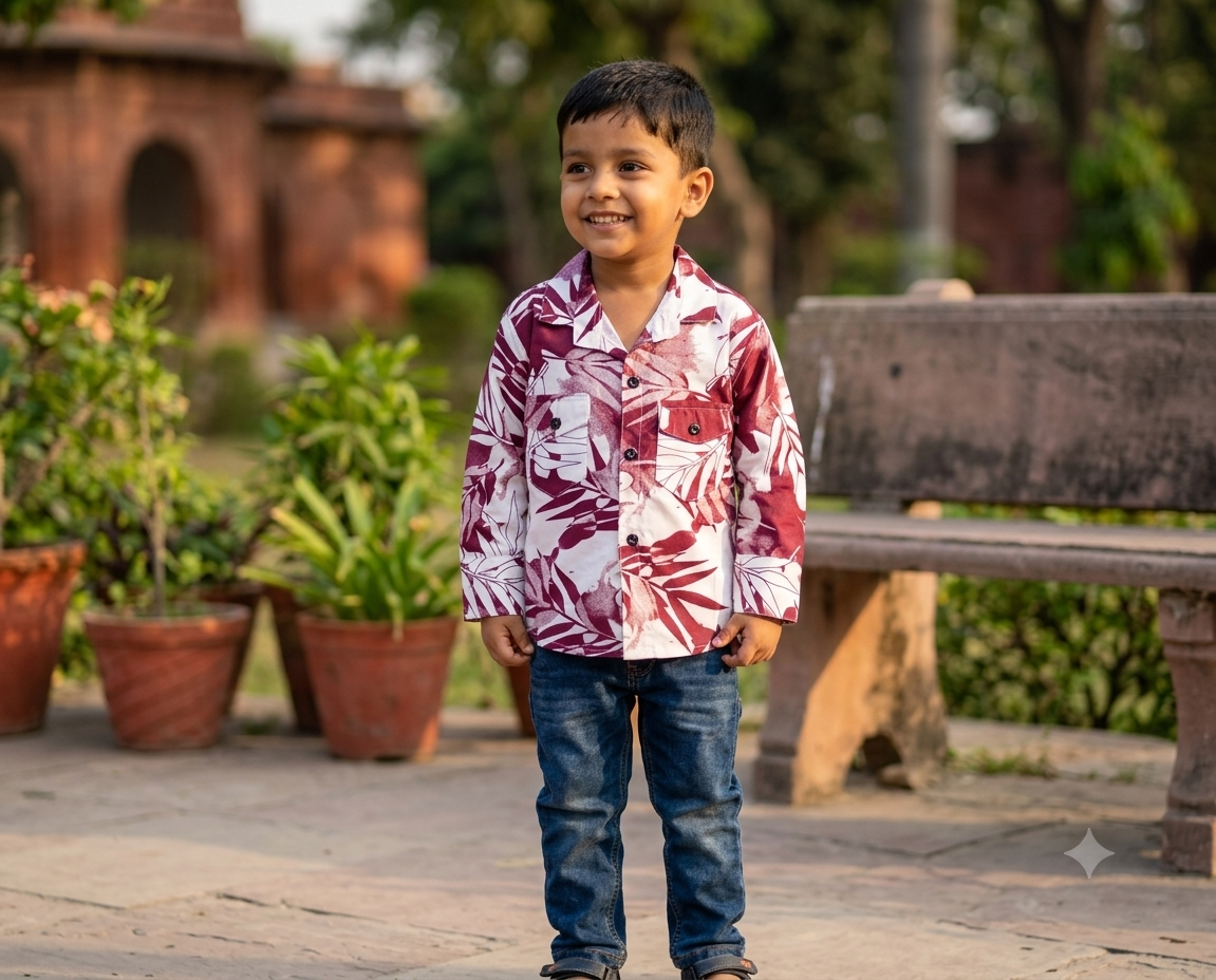 Maroon Tropical Leaf Print Casual Shirt