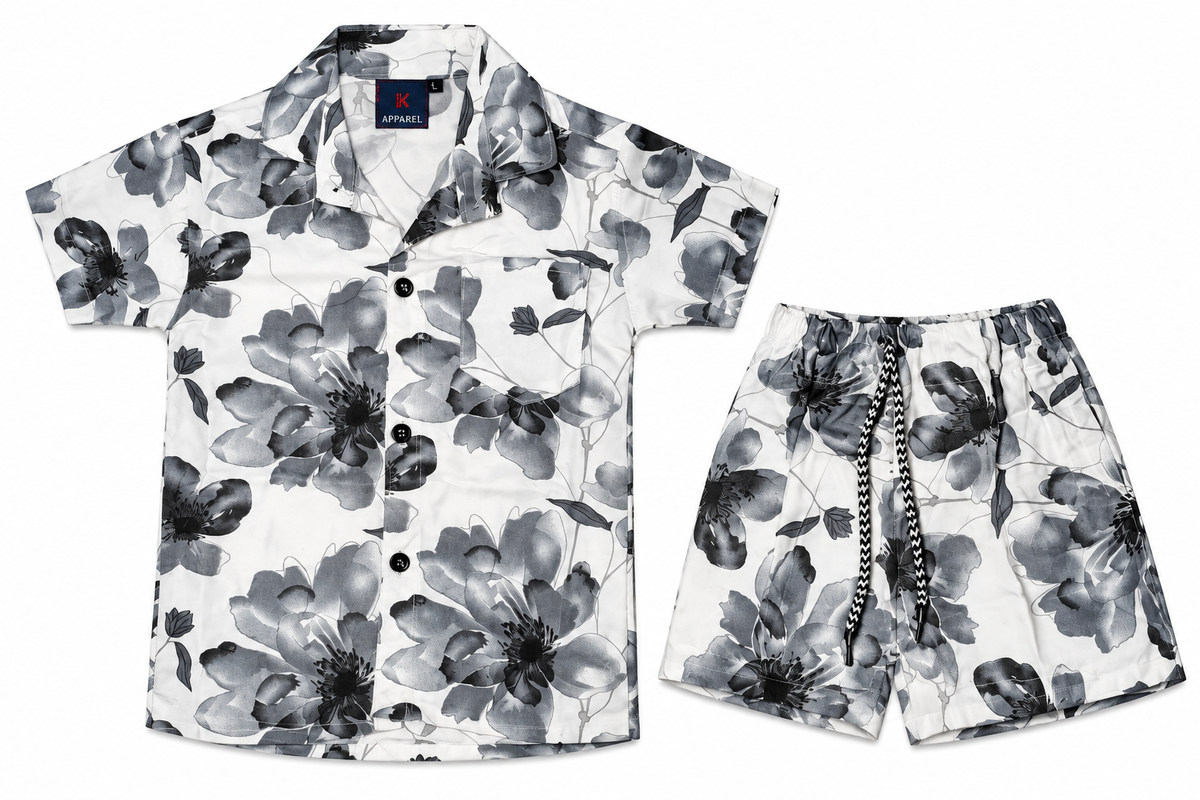 Boys White and Black Floral Print Co-ord Set with Shirt and Shorts — lifestyle