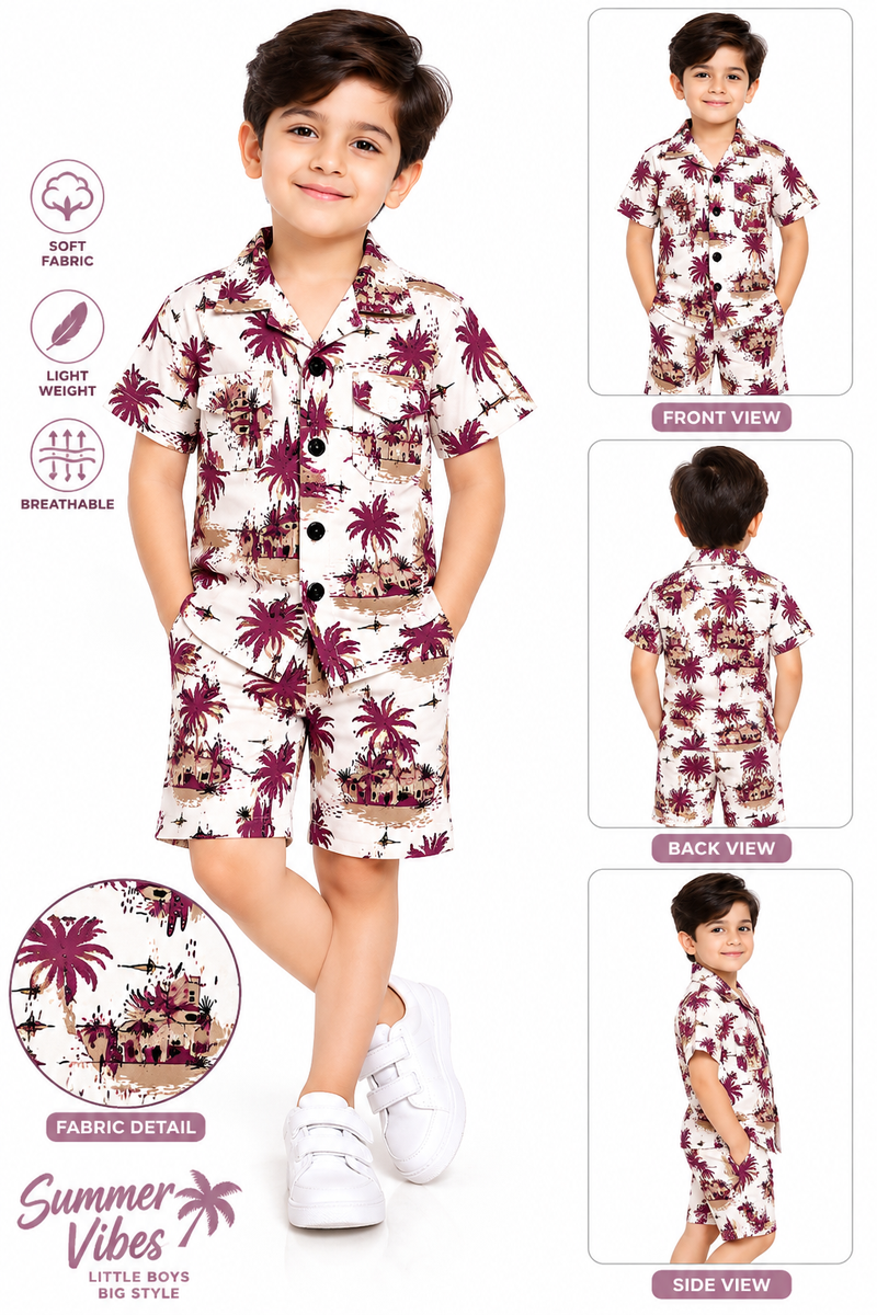 Boys Tropical Palm Print Button-Down Shirt and Shorts Set