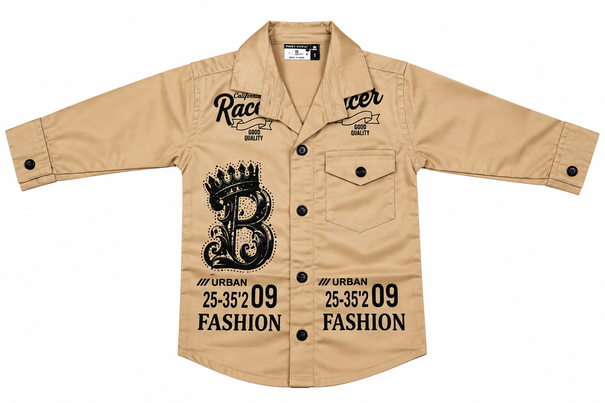Boys Beige Printed Casual Shirt with Black Jeans